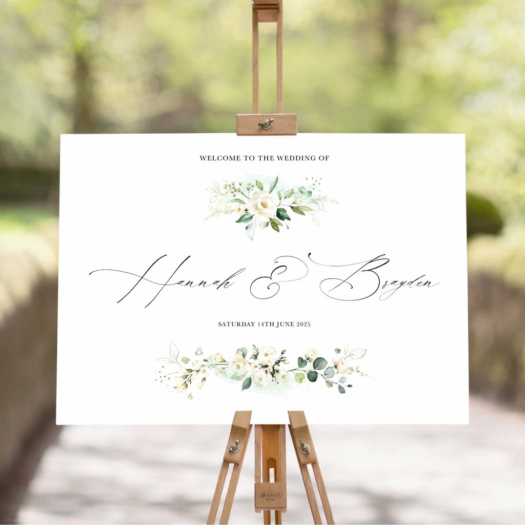 White Floral Evergreen Wedding Welcome Sign Landscape