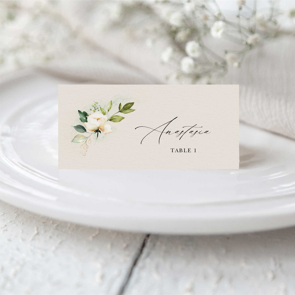 White Floral Evergreen Place Card