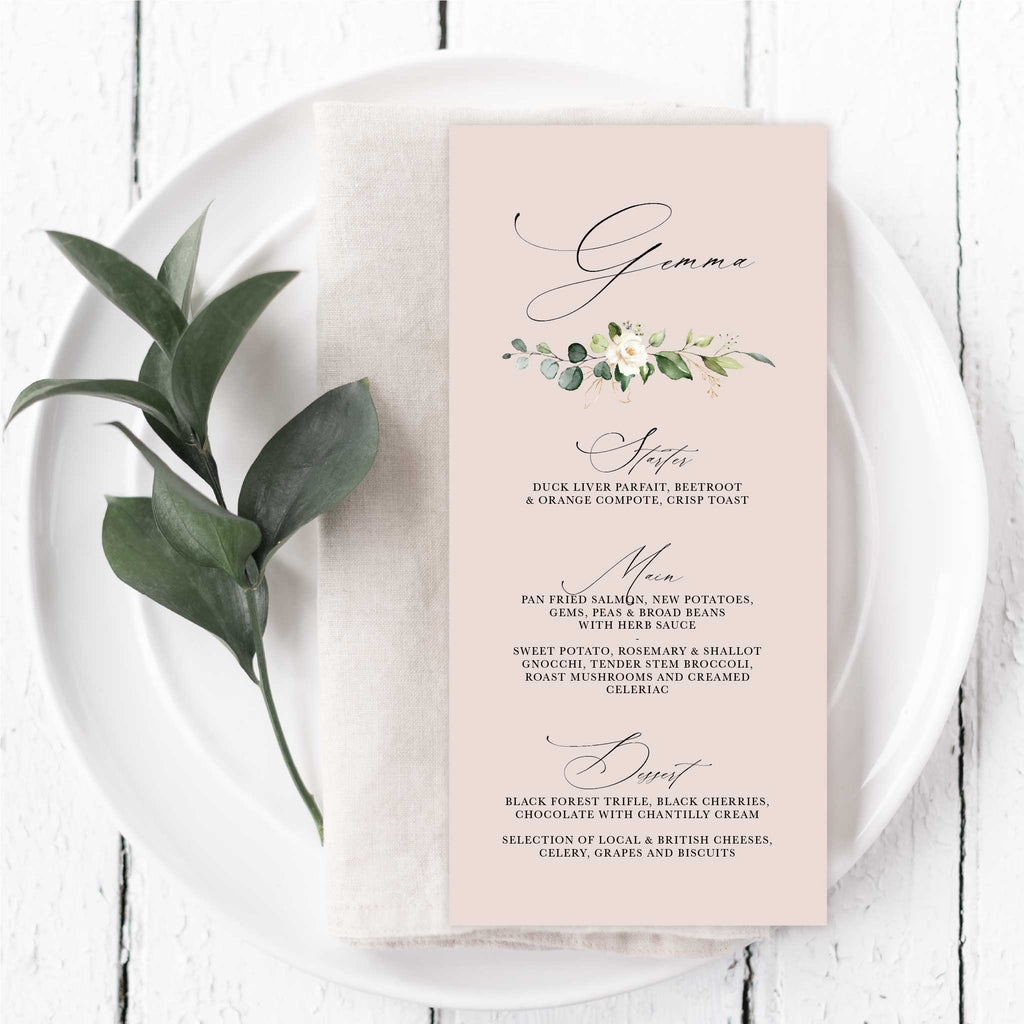 White Floral Evergreen Menu cards With Guest Names