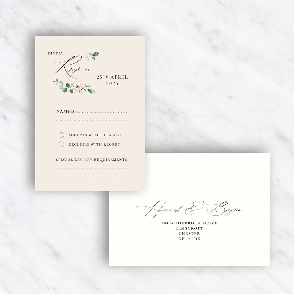 White Floral Evergreen RSVP card