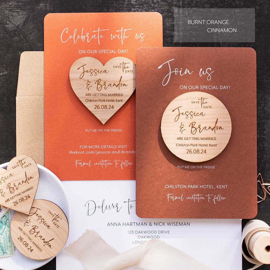 Burnt orange Save The Date Magnets With Luxury Coloured Cards