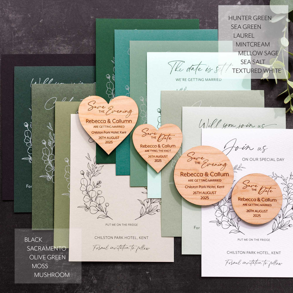 Modern Save The Date Magnets With Eucalyptus Green Cards