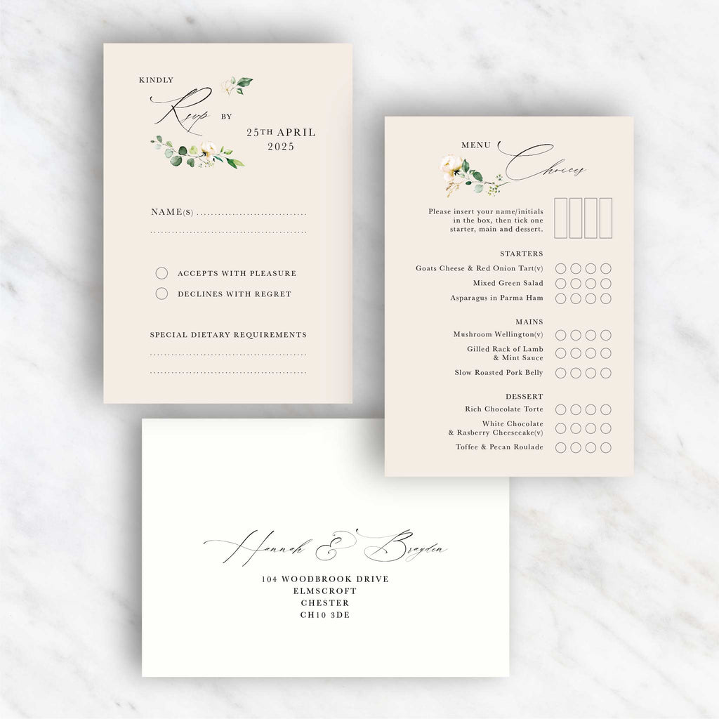 White Floral Evergreen RSVP menu card
