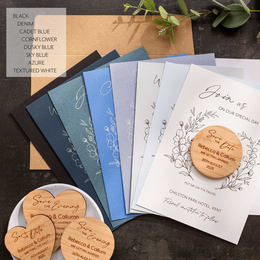 Modern Save The Date Magnets With Eucalyptus Blue Cards