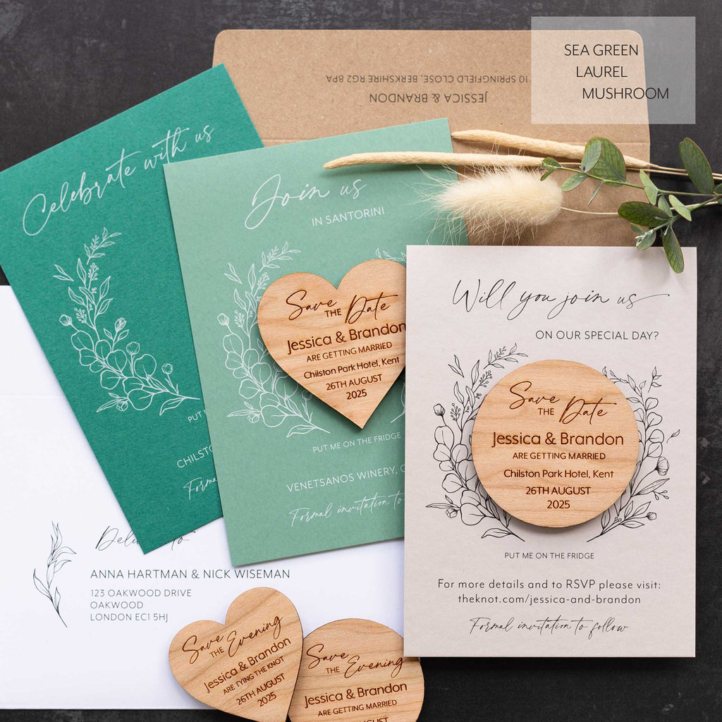 Modern Save The Date Magnets With Eucalyptus Pink Cards