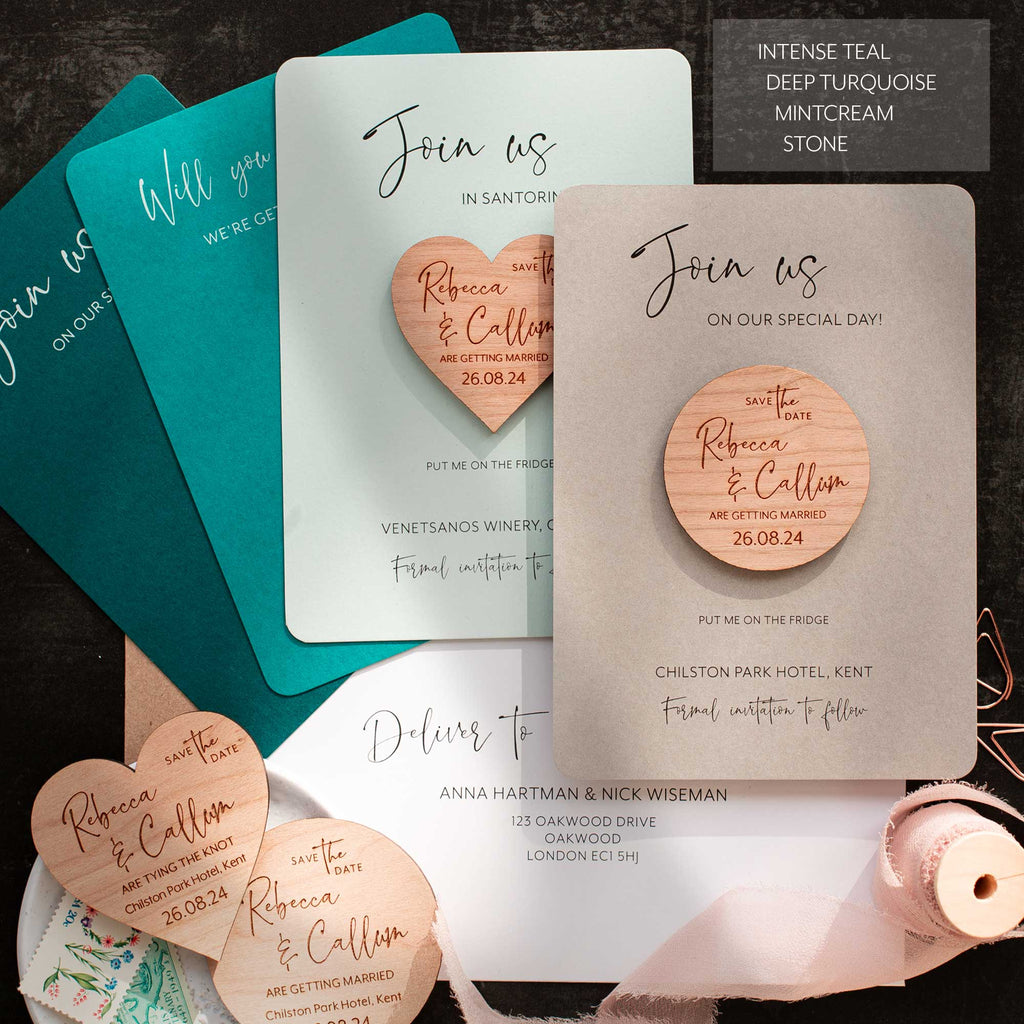 Green Save The Date Magnets With Luxury Coloured Cards