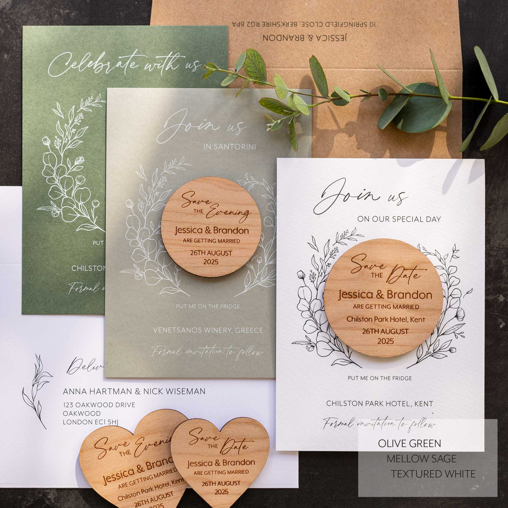 Modern Save The Date Magnets With Eucalyptus Blue Cards