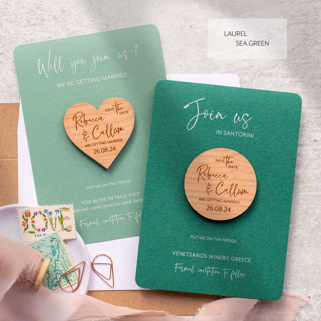Green Save The Date Magnets With Luxury Coloured Cards