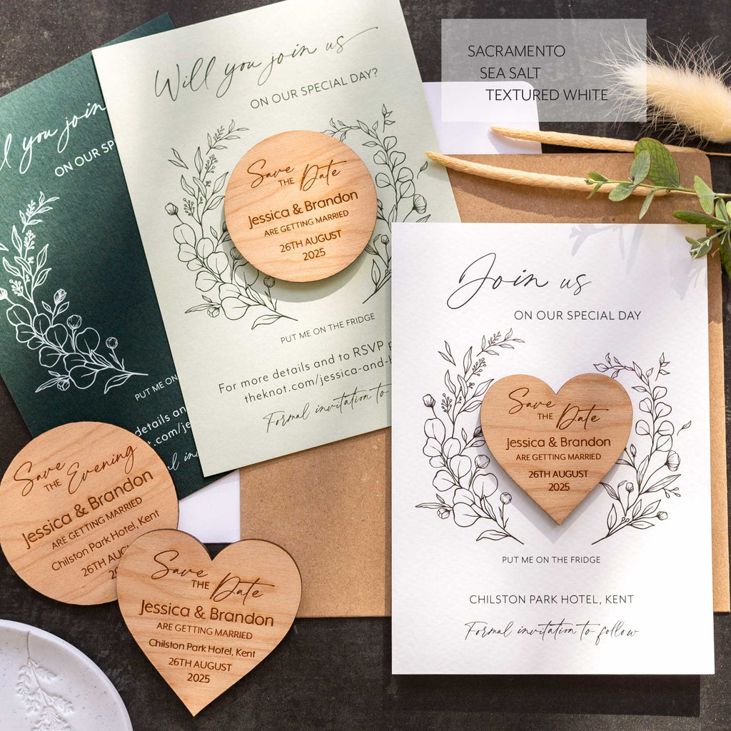 Modern Save The Date Magnets With Eucalyptus Pink Cards