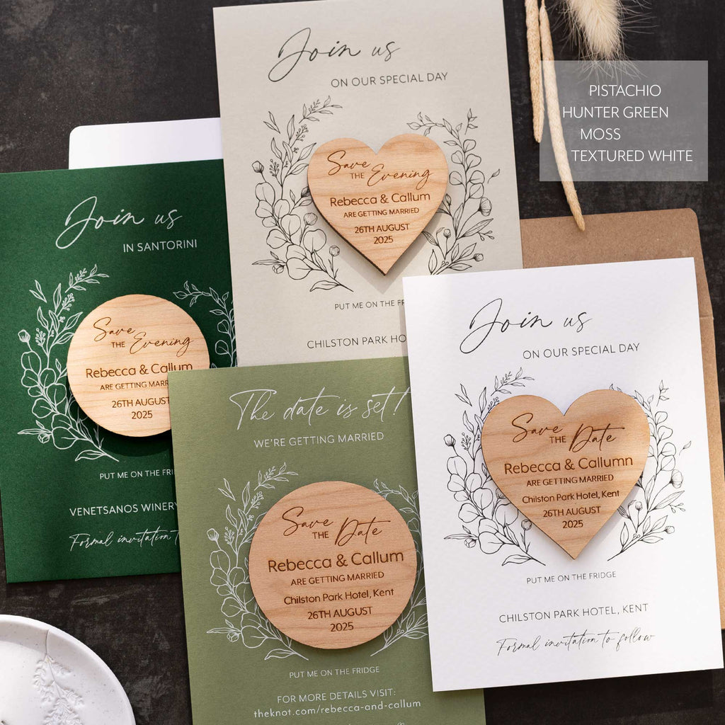 Modern Save The Date Magnets With Eucalyptus Green Cards