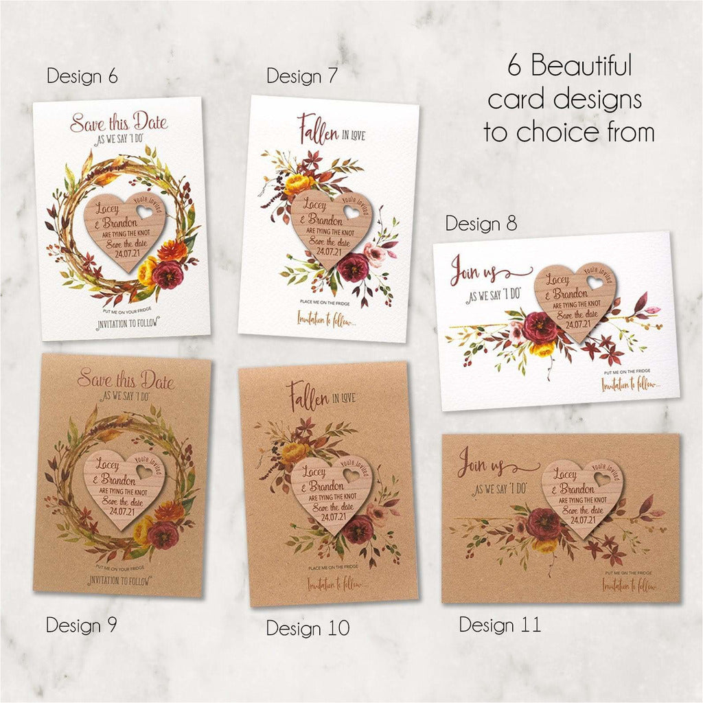 Autumn Fall Save The Date Magnets Wooden Heart Magnets with Cards NIVI Design