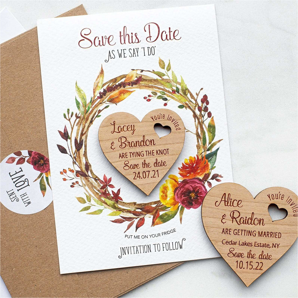 Autumn Fall Save The Date Magnets Wooden Heart Magnets with Cards NIVI Design