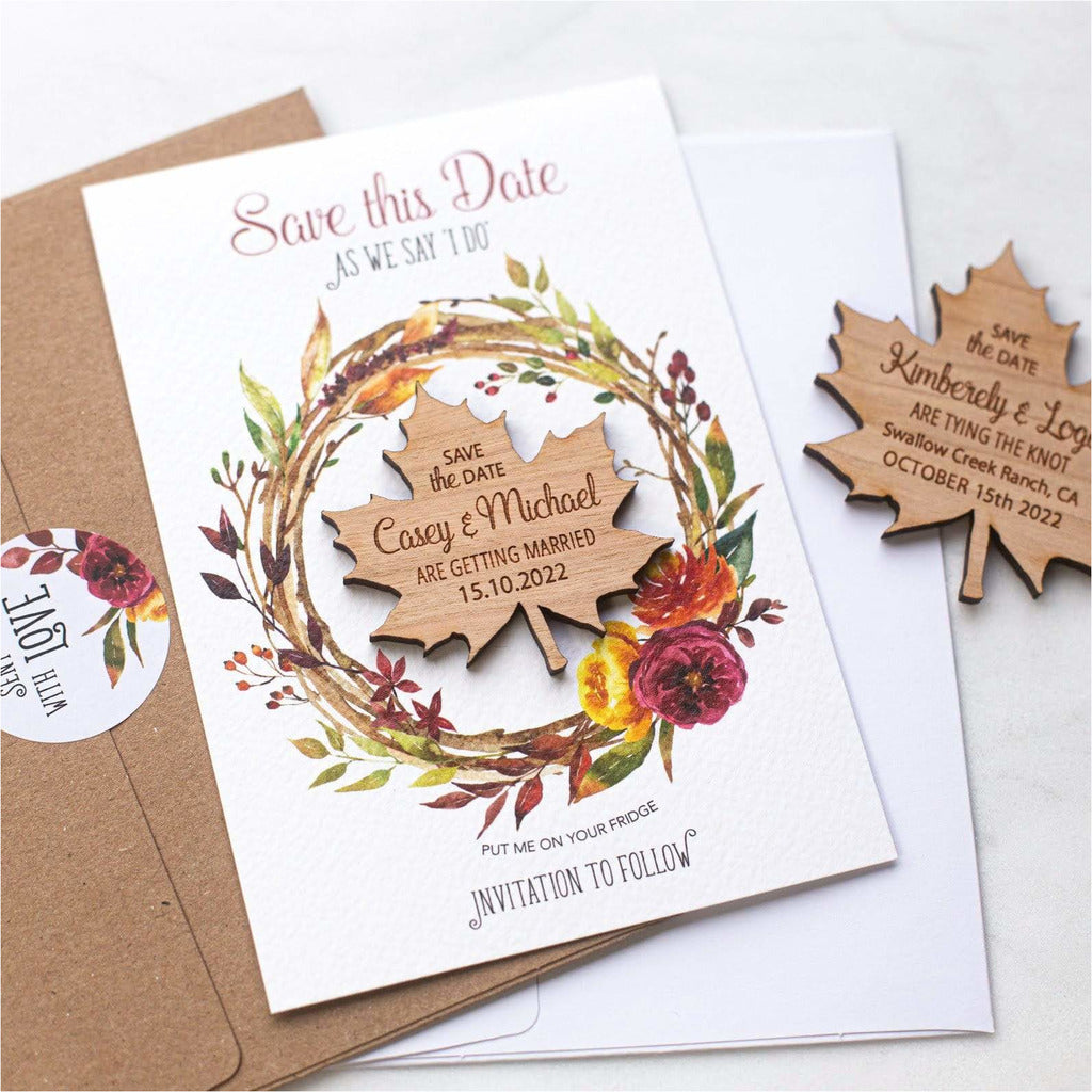 Autumn Fall Save The Date Magnets Wooden Maple Leaf Magnets with Cards NIVI Design