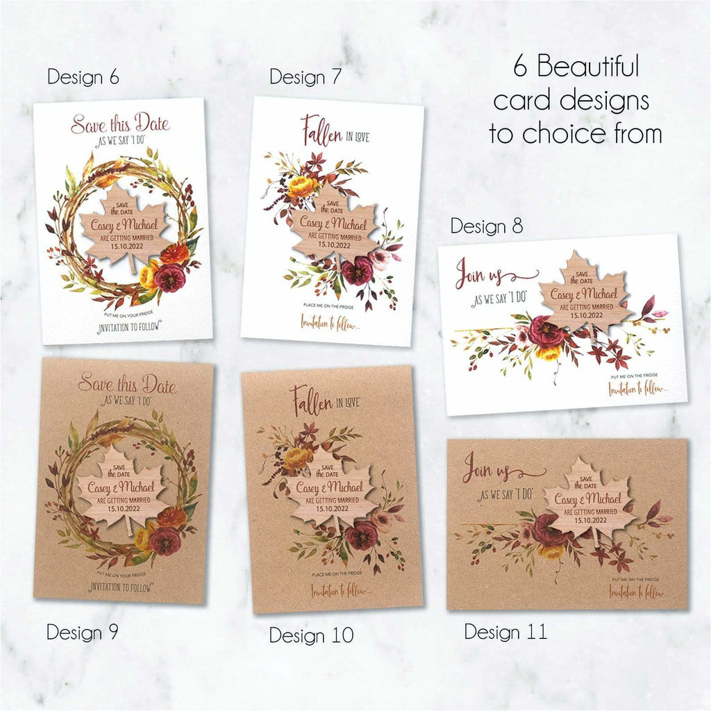 Autumn Fall Save The Date Magnets Wooden Maple Leaf Magnets with Cards NIVI Design