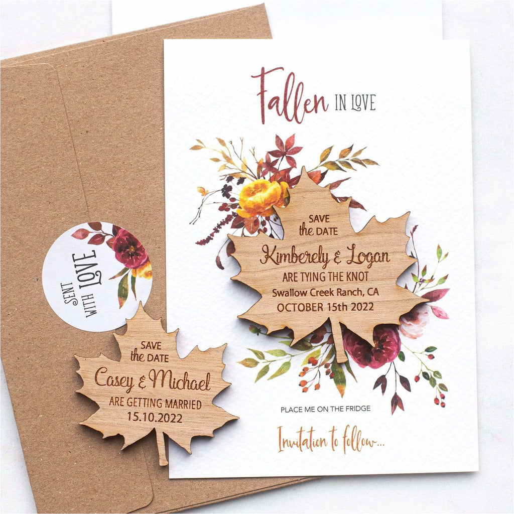 Autumn Fall Save The Date Magnets Wooden Maple Leaf Magnets with Cards NIVI Design