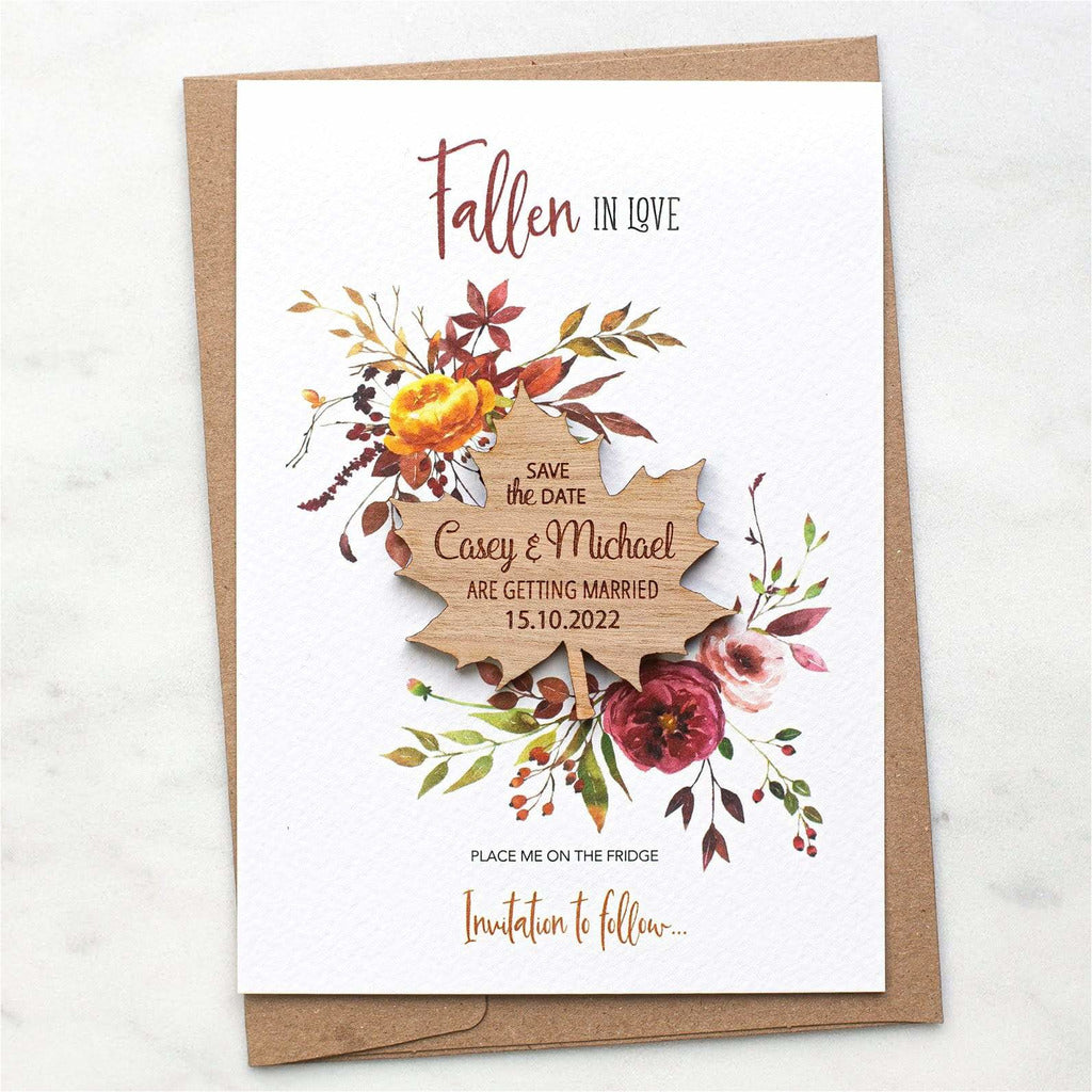 Autumn Fall Save The Date Magnets Wooden Maple Leaf Magnets with Cards NIVI Design