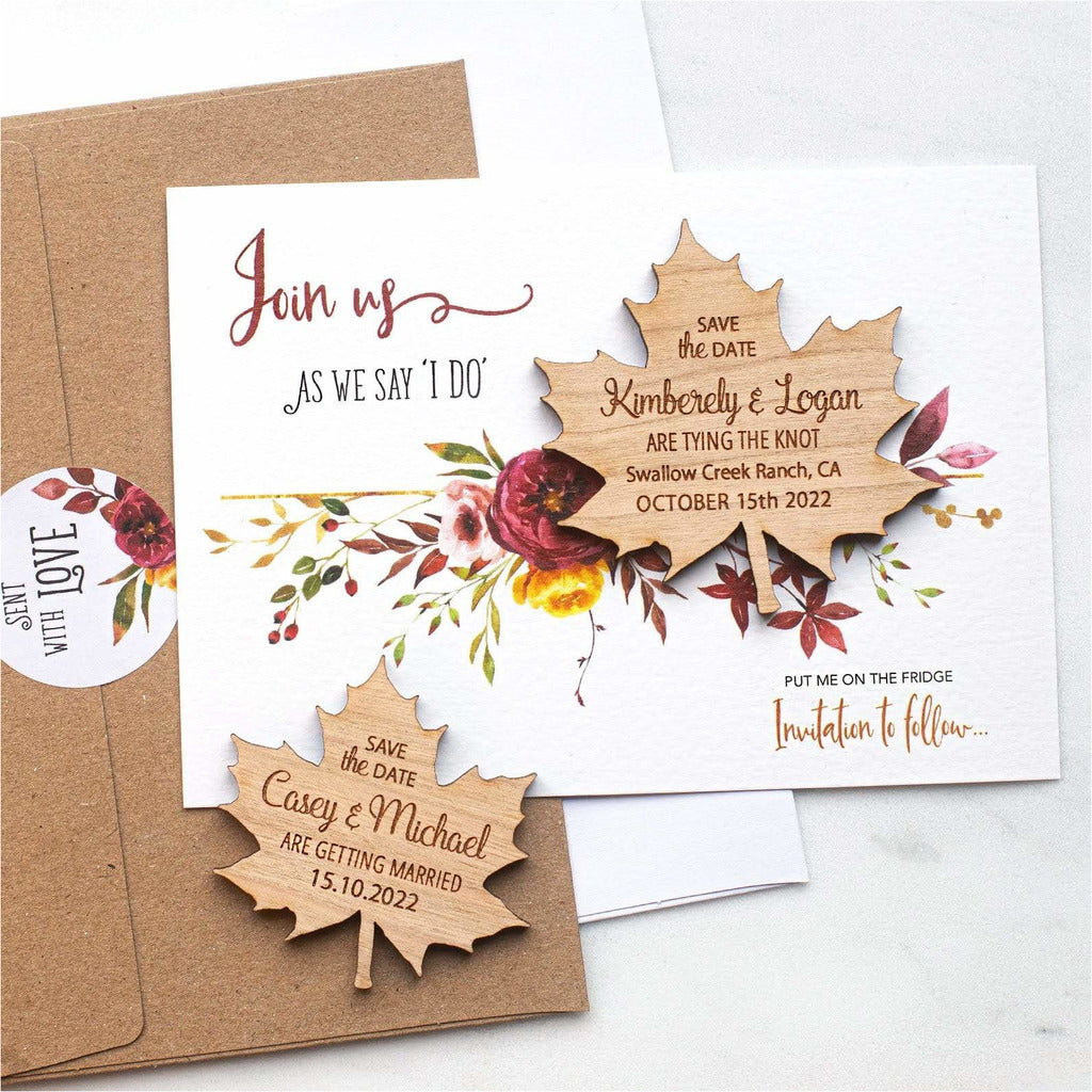Autumn Fall Save The Date Magnets Wooden Maple Leaf Magnets with Cards NIVI Design