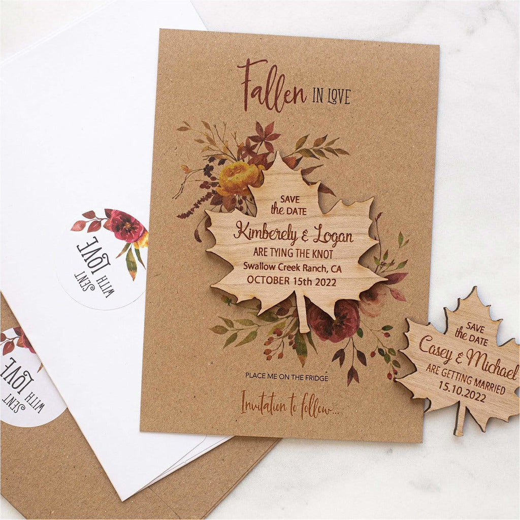 Autumn Fall Save The Date Magnets Wooden Maple Leaf Magnets with Cards NIVI Design