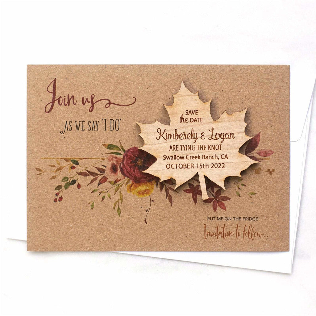 Autumn Fall Save The Date Magnets Wooden Maple Leaf Magnets with Cards NIVI Design