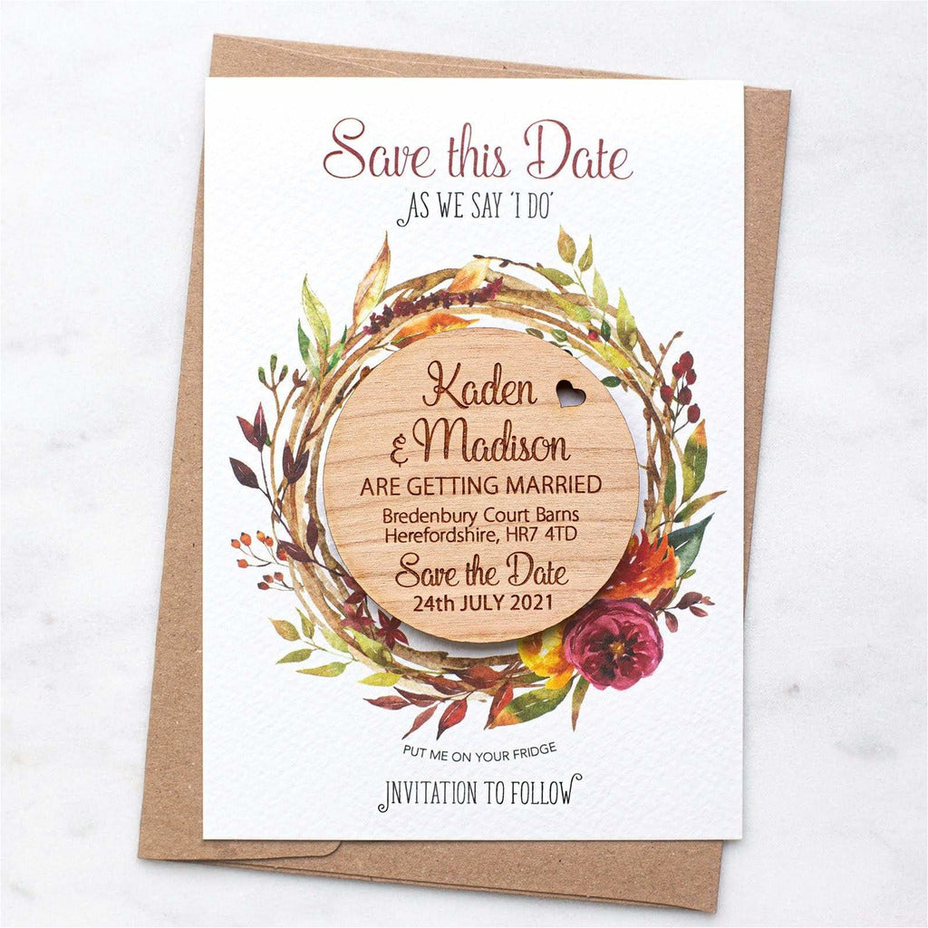 Autumn Fall Save The Date Magnets Wooden Round Magnets with Cards NIVI Design