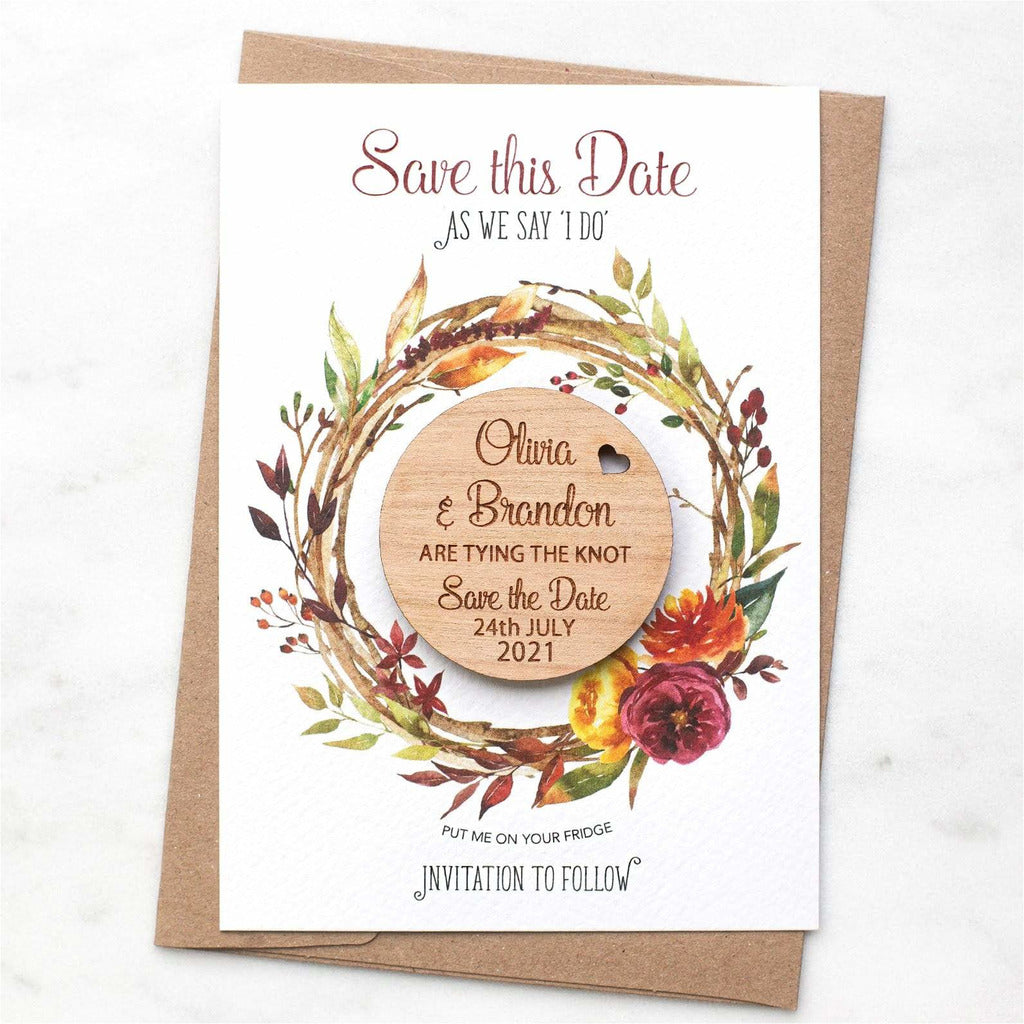 Autumn Fall Save The Date Magnets Wooden Round Magnets with Cards NIVI Design