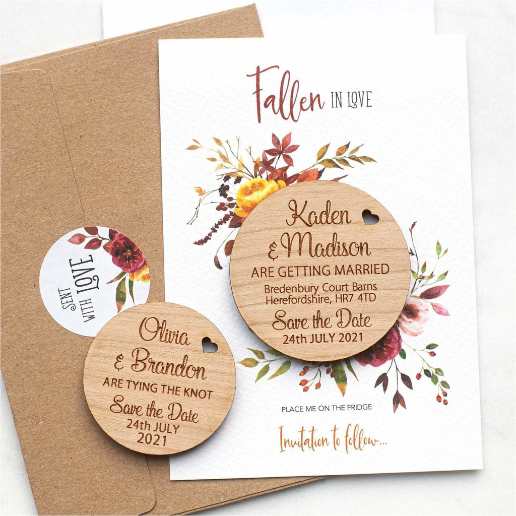 Autumn Fall Save The Date Magnets Wooden Round Magnets with Cards NIVI Design