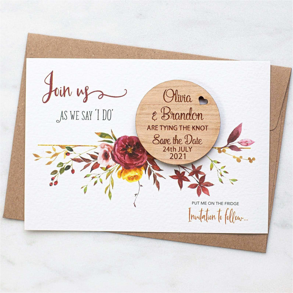 Autumn Fall Save The Date Magnets Wooden Round Magnets with Cards NIVI Design