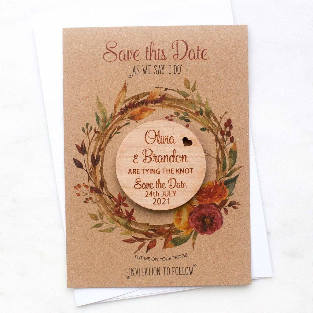Autumn Fall Save The Date Magnets Wooden Round Magnets with Cards NIVI Design
