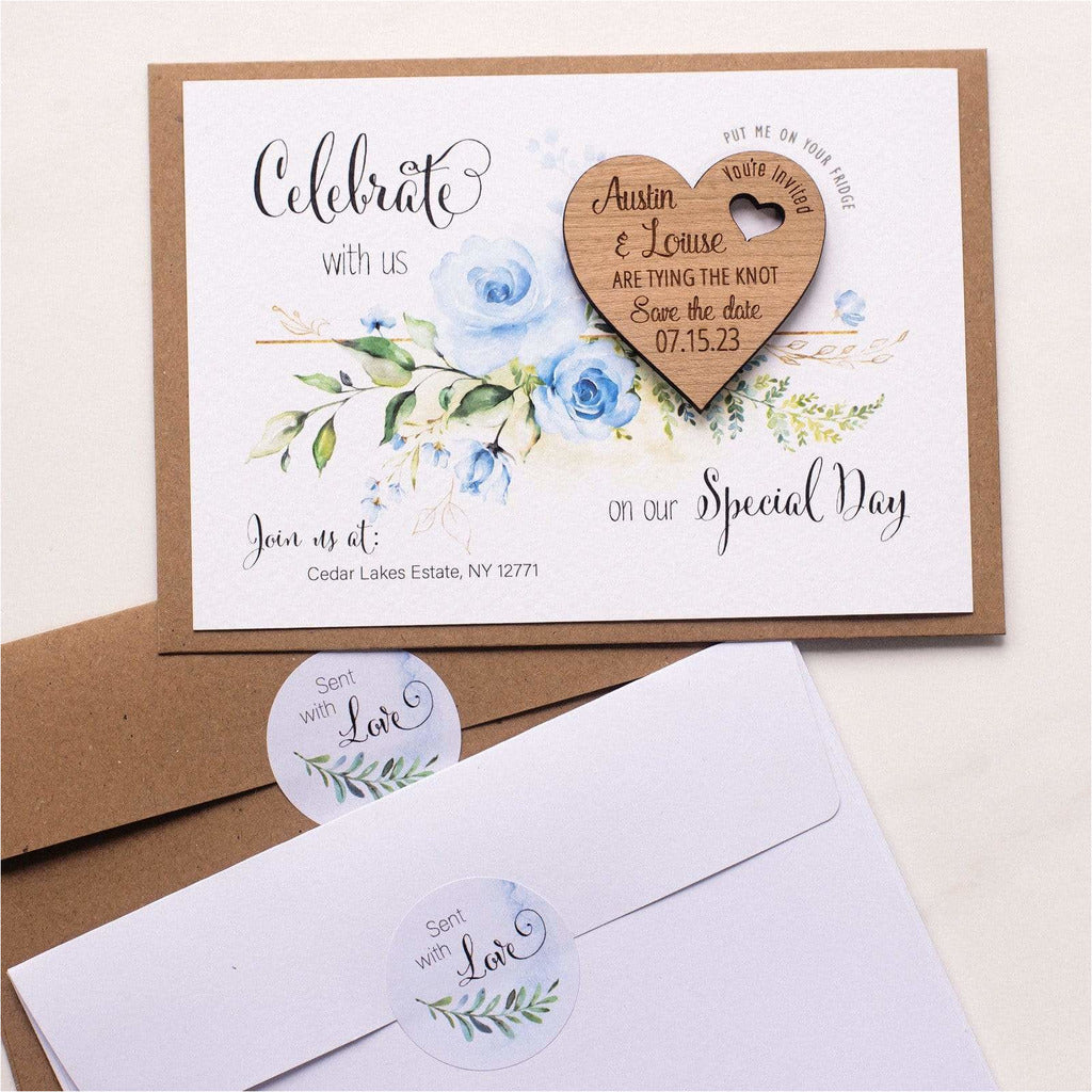 Blue Floral Save The Date Heart Magnets with Cards NIVI Design