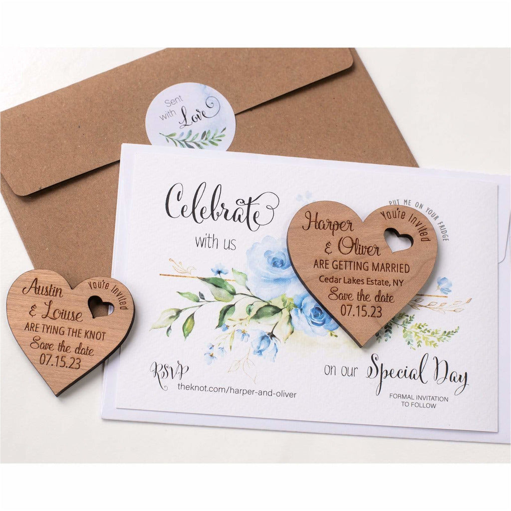 Blue Floral Save The Date Heart Magnets with Cards NIVI Design