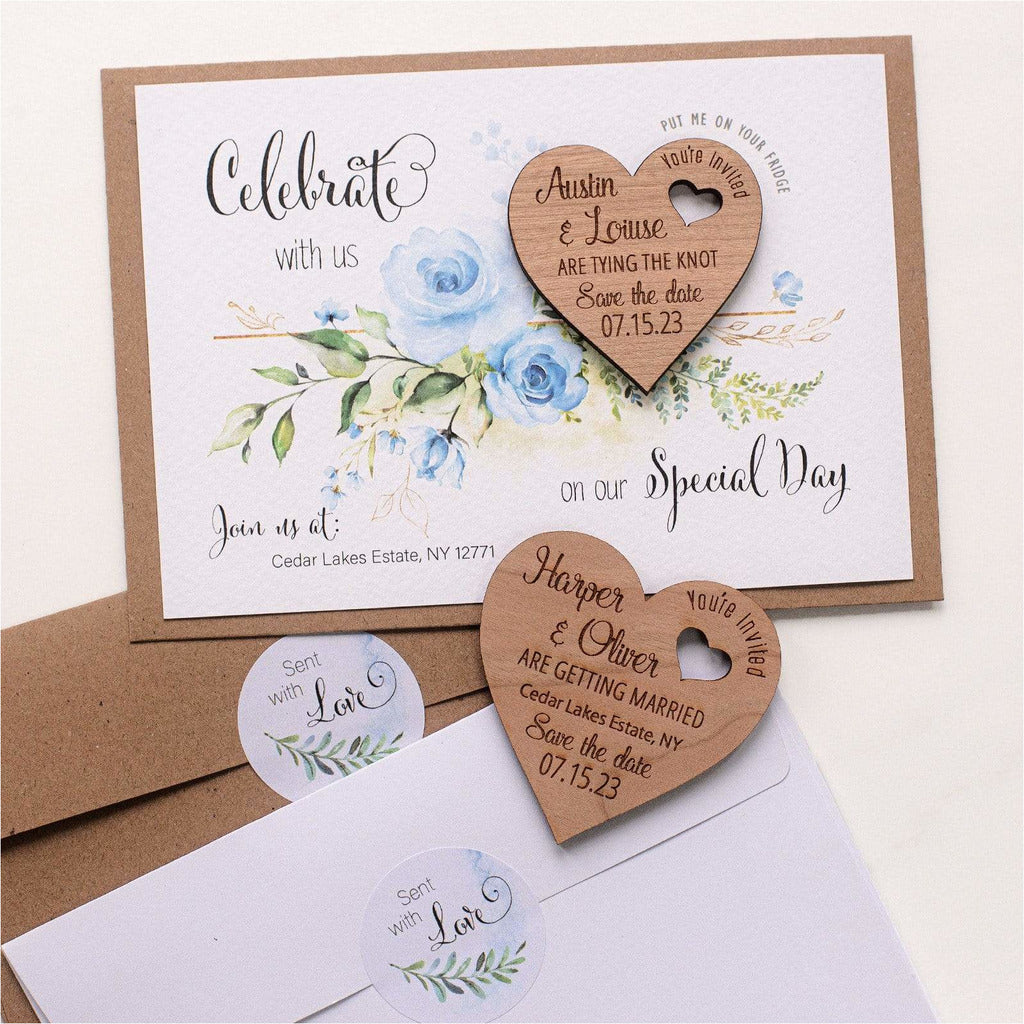 Blue Floral Save The Date Heart Magnets with Cards NIVI Design