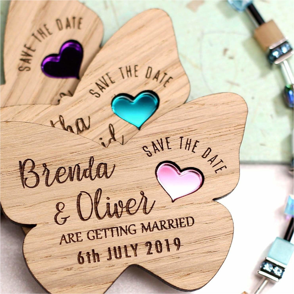 Butterfly Save The Date Wooden Magnets with Coloured Hearts NIVI Design