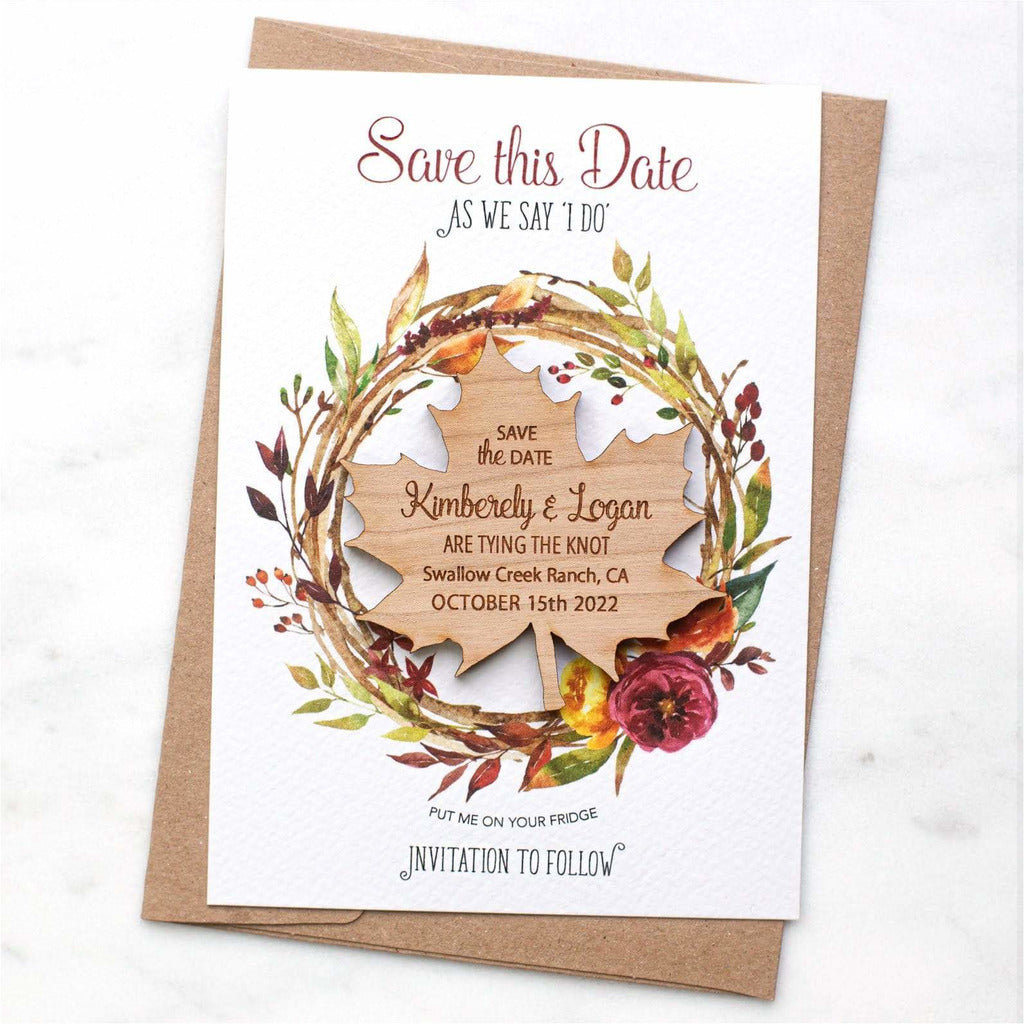 Fallen In Love Autumn Fall Save The Date Magnets Wooden Maple Leaf NIVI Design