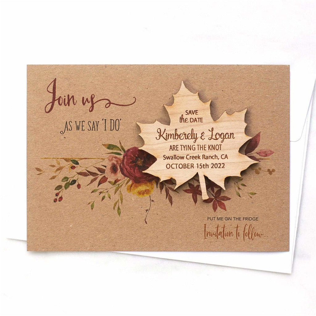 Fallen In Love Autumn Fall Save The Date Magnets Wooden Maple Leaf NIVI Design