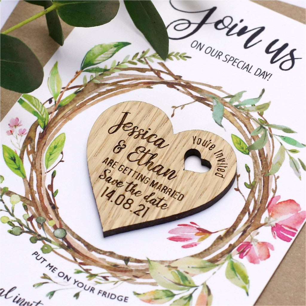 Floral Save The Date Magnets Wood Heart with Cards NIVI Design