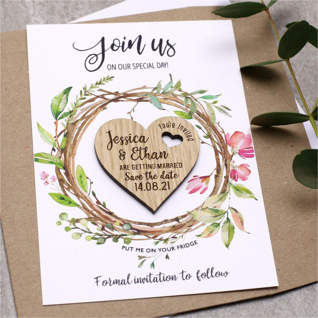 Floral Save The Date Magnets Wood Heart with Cards NIVI Design