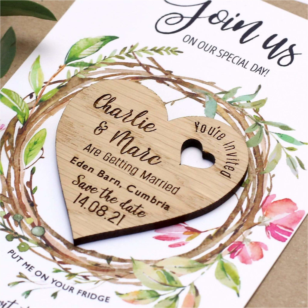 Floral Save The Date Magnets Wood Heart with Cards NIVI Design
