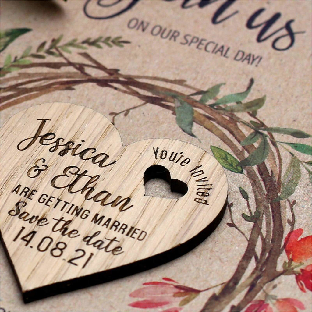 Floral Save The Date Magnets Wood Heart with Cards NIVI Design