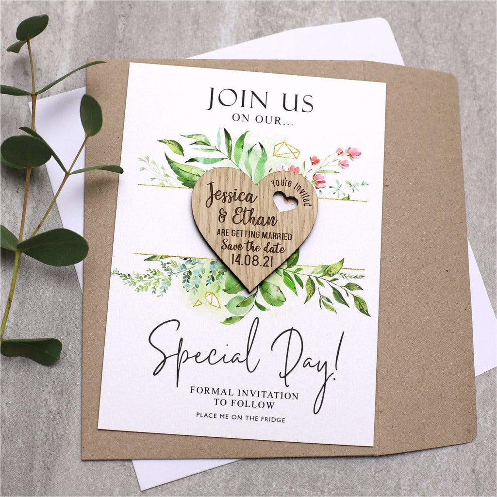 Floral Save The Date Magnets Wood Heart with Cards NIVI Design