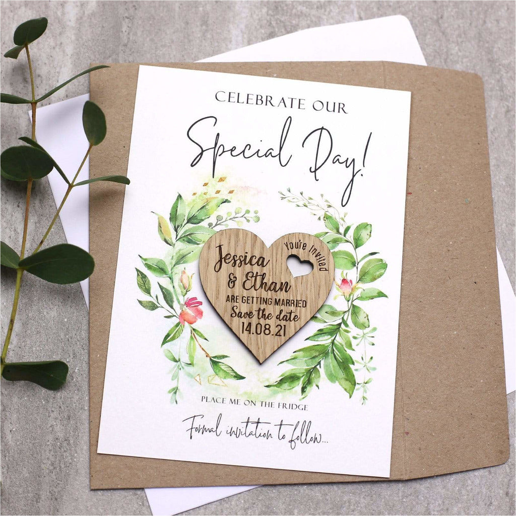 Floral Save The Date Magnets Wood Heart with Cards NIVI Design