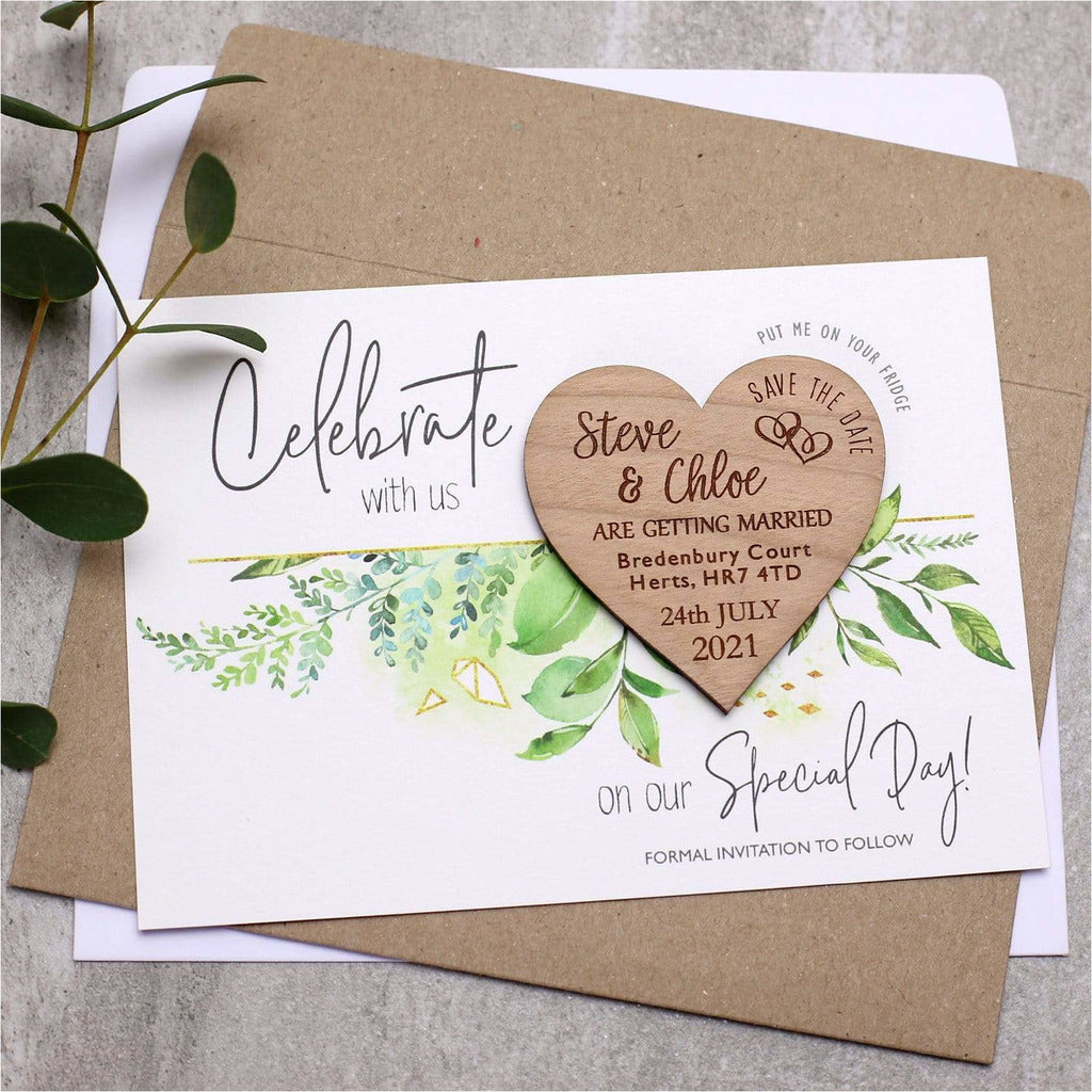 Foliage Save the Date Wooden Heart Wedding Magnet Card NIVI Design