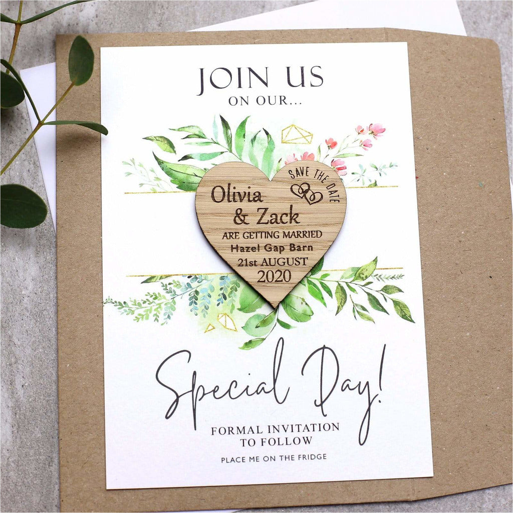 Foliage Save the Date Wooden Heart Wedding Magnet Card NIVI Design