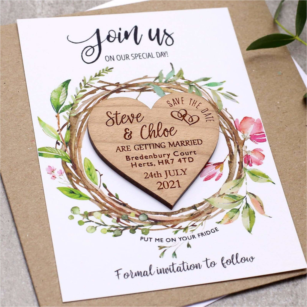 Foliage Save the Date Wooden Heart Wedding Magnet Card NIVI Design