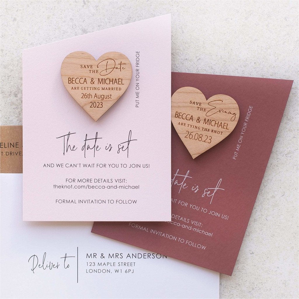 Luxury rustic wedding save the date magnets with angled coloured cards NIVI Design