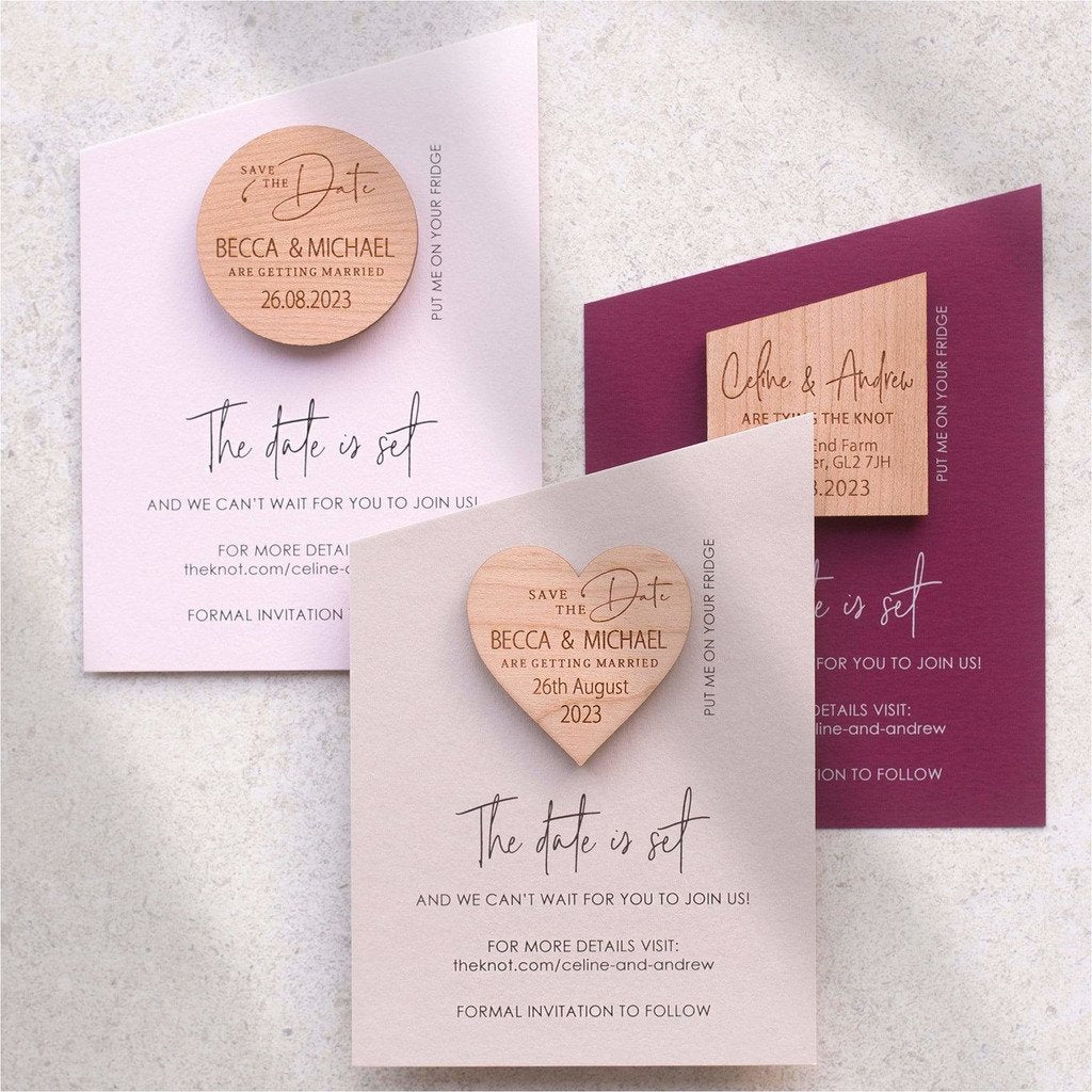 Luxury rustic wedding save the date magnets with angled coloured cards NIVI Design