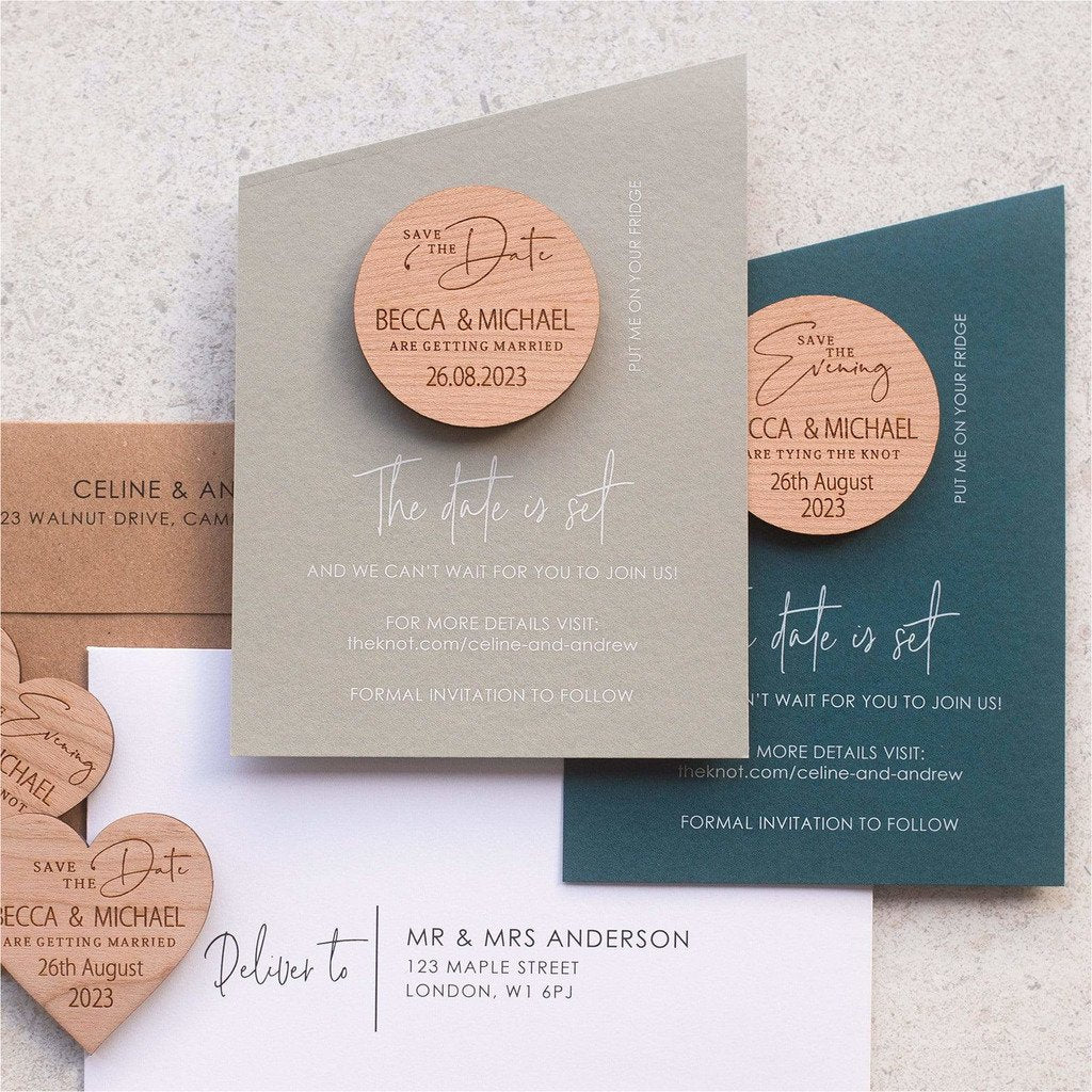 Luxury rustic wedding save the date magnets with angled coloured cards NIVI Design