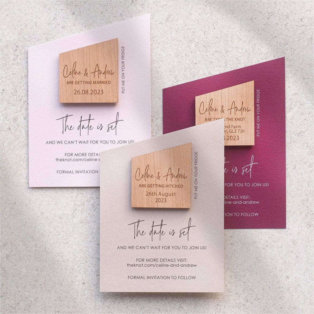 Luxury rustic wedding save the date magnets with angled coloured cards NIVI Design