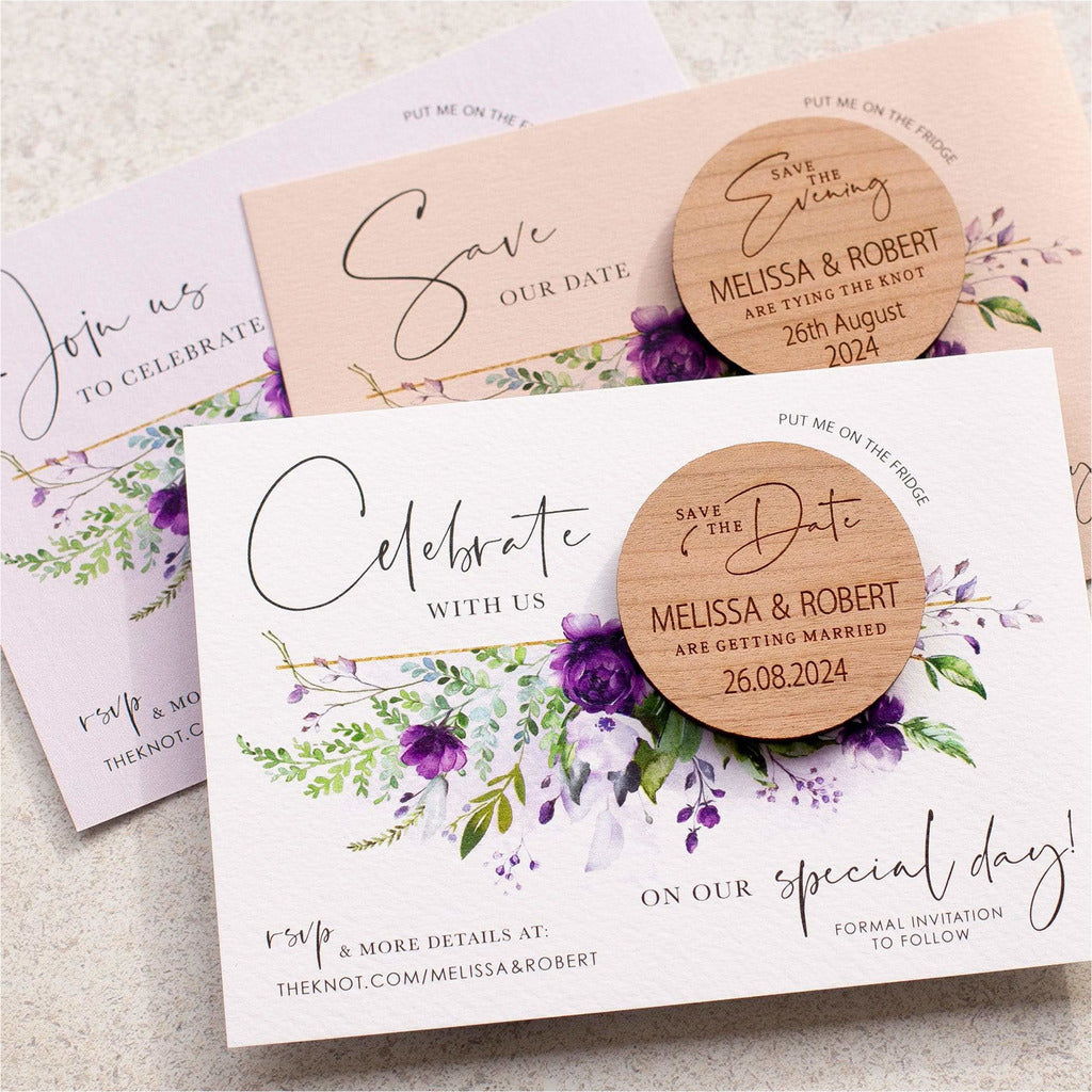 Purple floral round save the date magnets & cards NIVI Design