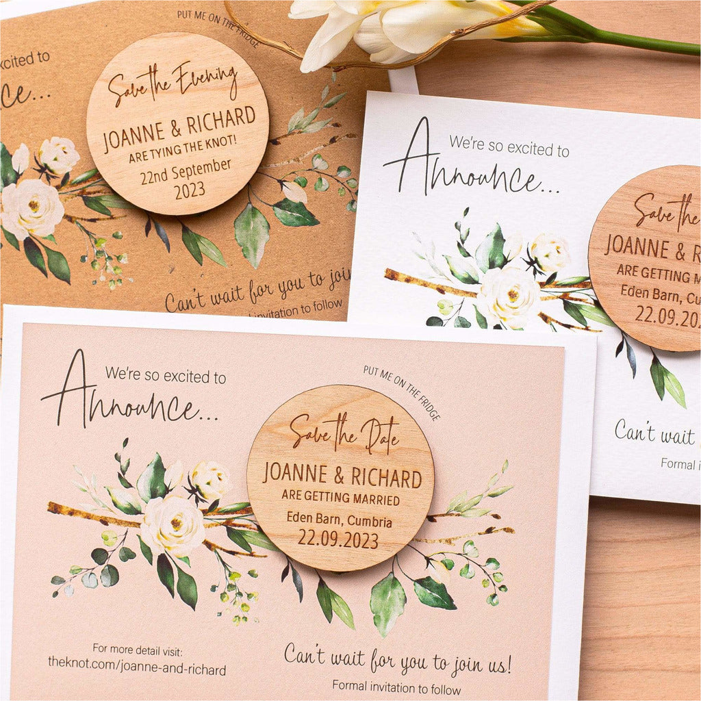 Round Wood Save The Date Magnets with Luxury Cards NIVI Design