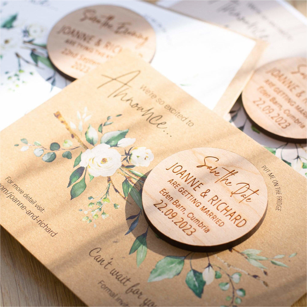 Round Wood Save The Date Magnets with Luxury Cards NIVI Design